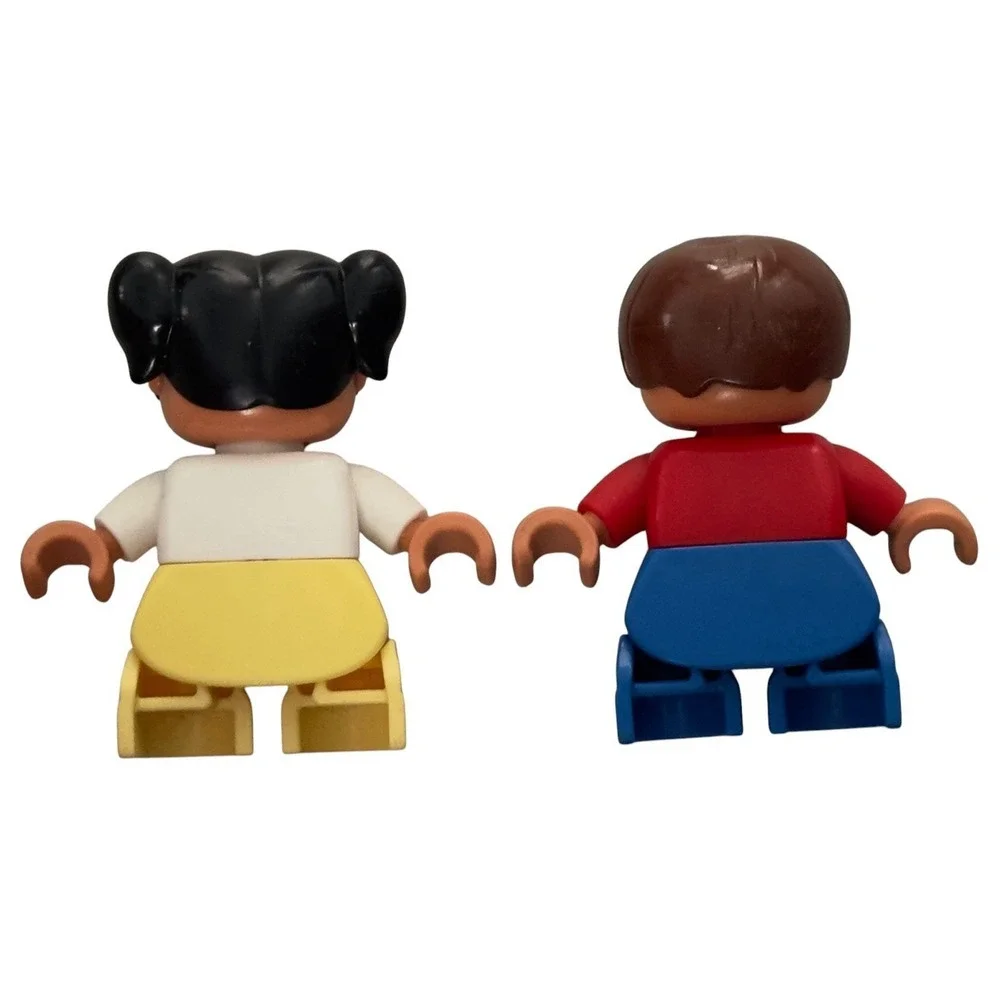 LEGO DUPLO Figure Lot 2x Boy Red Hoodie Jacket & Girl Hearts Yellow Pants Set